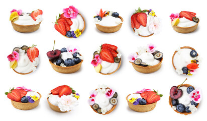 Sweet tartlets with cream and different berries isolated on white, set
