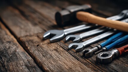 Hand tools including wrenches, a hammer, and screwdrivers lay on a rustic wooden surface. Their arrangement highlights the importance of tools in repair and maintenance tasks