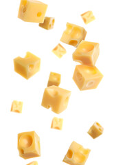 Cheese cubes in air against white background