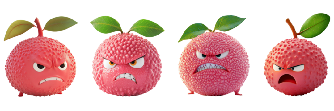 Set of cute lychee with angry face isolated on a transparent background - Powered by Adobe