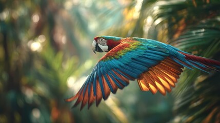 Fototapeta premium A macaw glides gracefully above a vibrant tropical landscape filled with green foliage