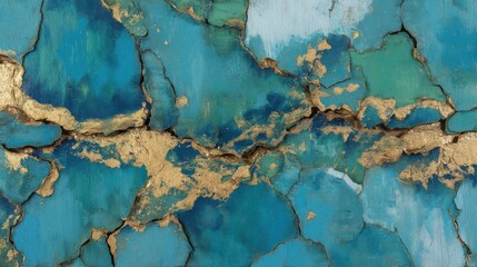 Obraz premium A close-up view displays a textured surface featuring vibrant turquoise hues intermingled with gold accents and distinct cracks