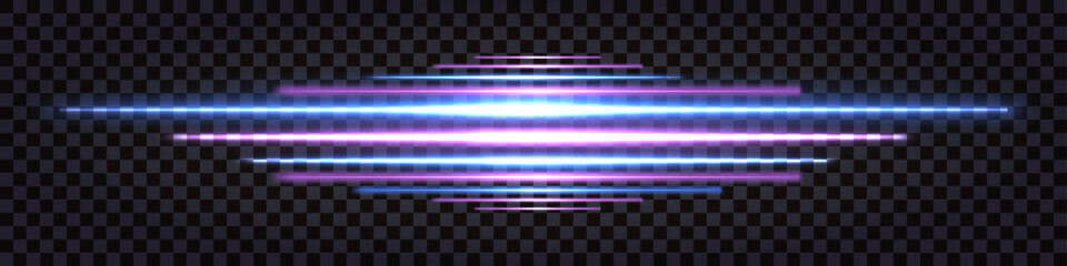 Neon glowing lines, laser light beams. Synthwave blue and purple dynamic speed lines. Border, divider. Retro futuristic design. Isolated vector on transparent background