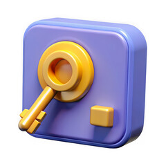 Purple safe with golden key isolated on transparent background