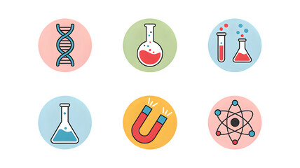 Science icons: DNA, Flasks, Magnet, Atom on colorful circles, perfect for educational materials