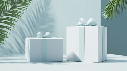 Two white gift boxes with light blue ribbons, sitting on a light blue surface, with palm leaves casting shadows.