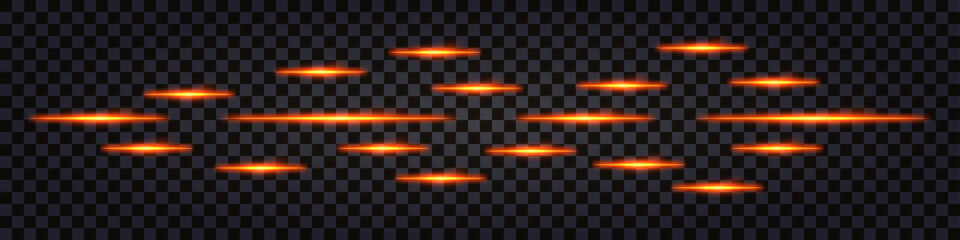 Neon glowing flying lines, fiery burning red light effect. Dynamic speed lines, fast motion, shiny luminous straight streaks. Isolated vector oveerly on dark transparent background