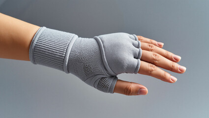Hand wearing gray compression glove for support and comfort  