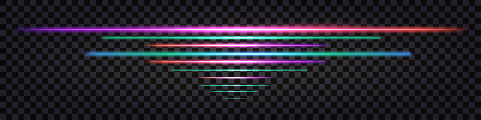 Neon glowing lines with light effect, dynamic laser beams, iridescent luminous streaks. Border or divider. Synthwave or vaporwave retro futuristic design. Isolated vector  on transparent background
