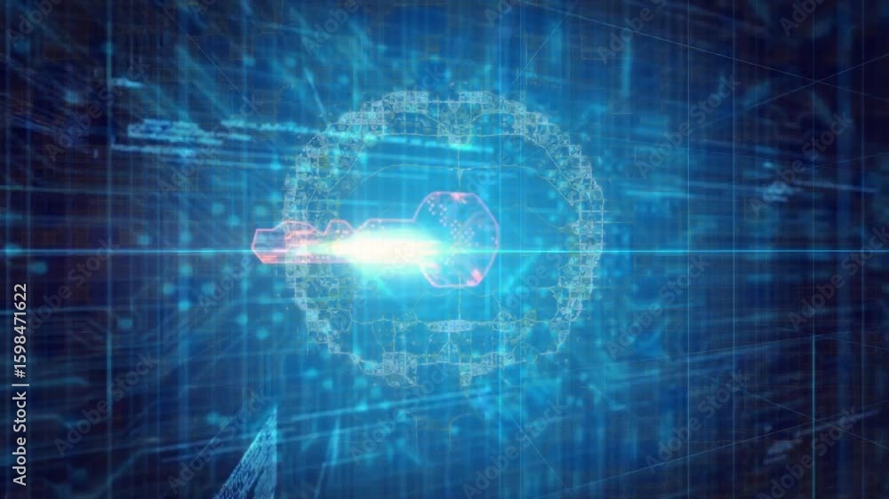 Poster core spark igniting cyber grid, lock outline tracing, beam transforming into key pulsing activation