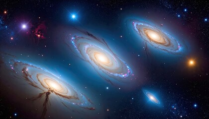 Spiral Galaxies In Deep Space Displaying Dust Lanes And Star Clusters Against A Dark Blue Backdrop