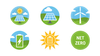 Clean energy sources icons: solar panels, wind turbine, battery, and net zero concept symbols
