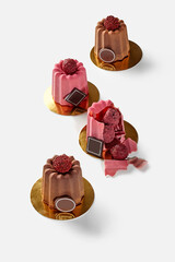 Delicious modern french raspberry and chocolate cakes displayed on golden plates