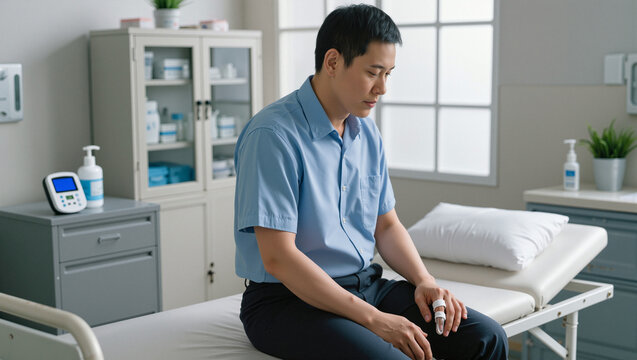 An Asian man sits on an examination table at a medical clinic after splinting his injured finger and looking concerned