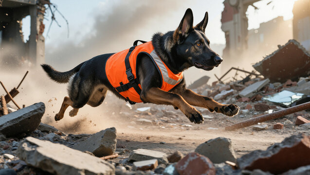 German shepherd in rescue vest running through rubble after disaster recovery - Powered by Adobe