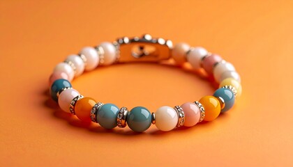 Generated image Colorful beaded bracelet close up on orange background