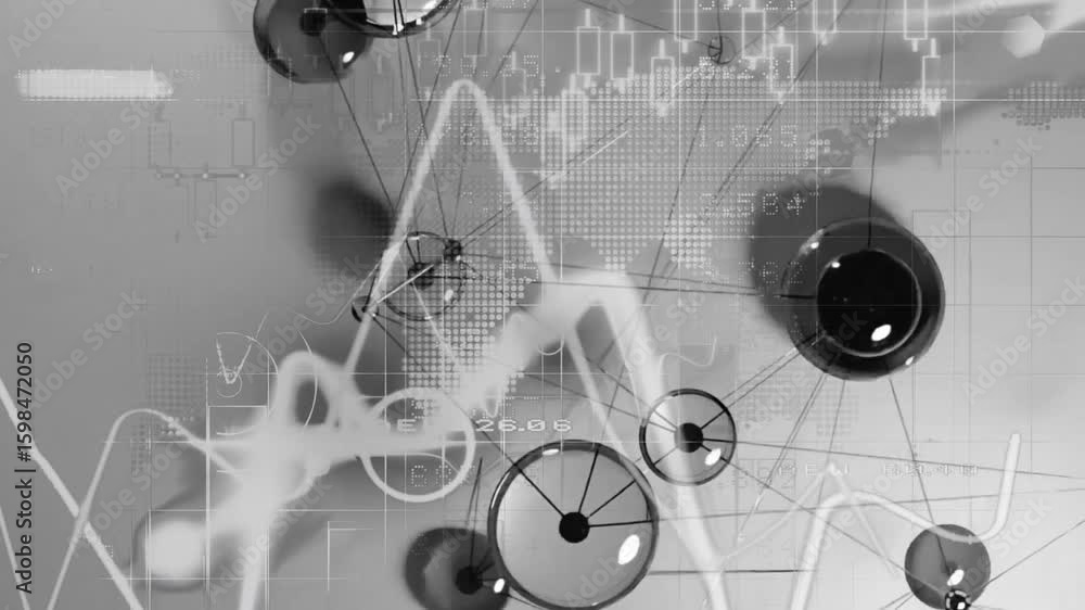 Poster white waveform entering and tracing peaks through spheres, showing network growth via charts