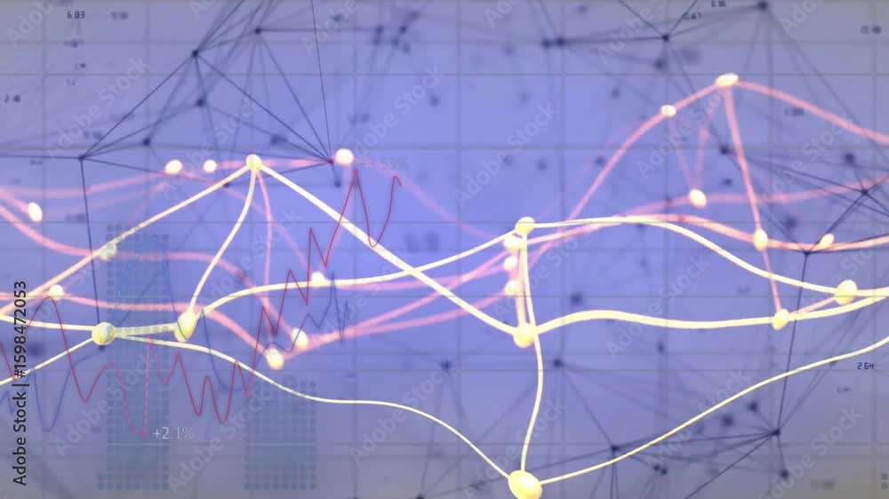 Poster on grid load yellow curve sweeping right, pink trails pulsing and nodes glowing showing data trends