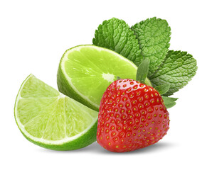 Fresh lime, strawberry and mint leaves isolated on white