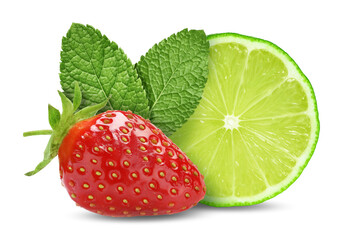 Fresh lime, strawberry and mint leaves isolated on white