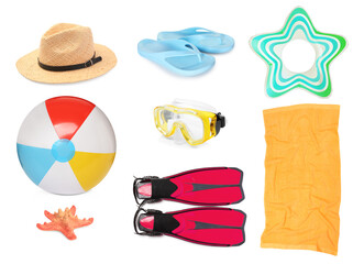 Beach accessories isolated on white, collection of different stuff