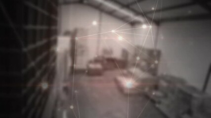 When scene starts, digital network overlay pulsing across warehouse to visualize connectivity - Powered by Adobe