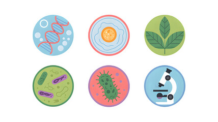 Science elements featuring DNA, cell, leaf, microorganisms, bacteria, and a microscope