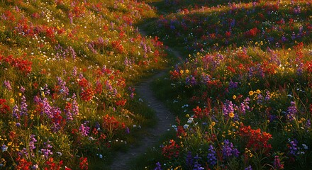 A winding dirt path meanders through a dense and colorful mountain wildflower meadow.