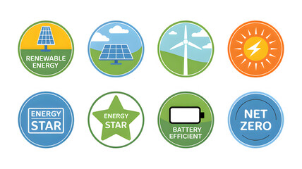 Renewable energy badges showcase solar, wind, battery efficiency and net zero initiatives emblems