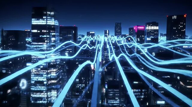 Digital network connections with glowing light trails flowing through a futuristic city at night, illustrating concepts of big data, global communication, and smart urban technology. - Powered by Adobe