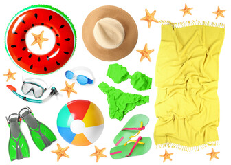 Beach accessories isolated on white, collection of different stuff