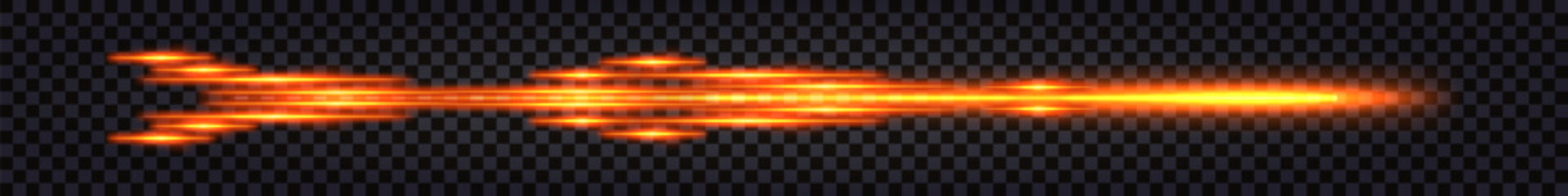 Fiery neon glowing flying dynamic lines, speed lines with red light effect. Dynamic leaks, burning lluminous straight streaks, fast impulse rocket. Isolated vector on transparent background