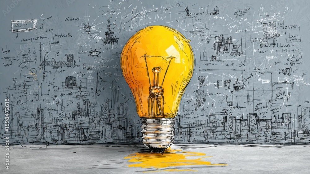 Poster a bright yellow light bulb sits prominently in front of a gray wall covered with various sketches an