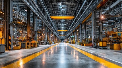 A vast industrial warehouse filled with large machinery, tools, and equipment. Overhead cranes are visible, and the well-lit space emphasizes the organized layout of the manufacturing area