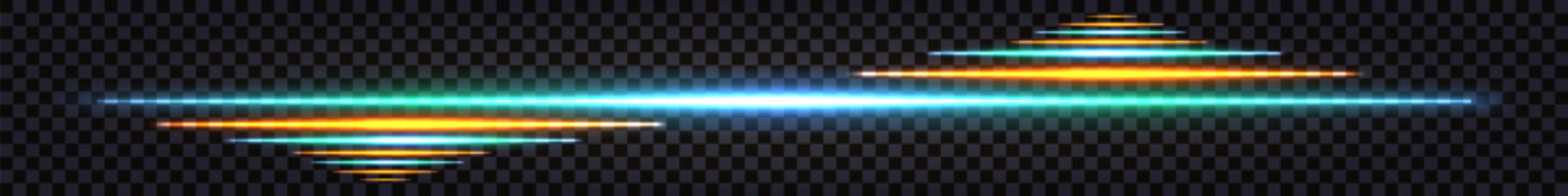 Neon glowing lines, border or page divider, light glow effect. Blue, teal and yellow laser beams, dynamic leaks speed lines. Retro futuristic techno.Isolated vector on dark background