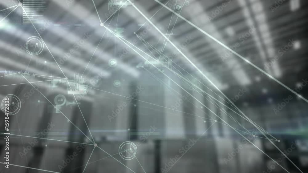 Poster on opening frame thin white lines tracing node links and pulsing data blocks visualizing network