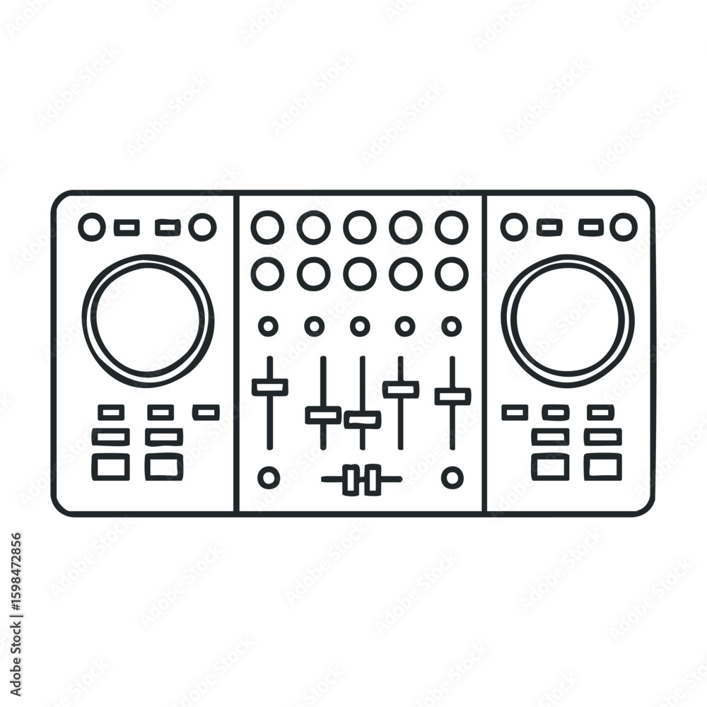 Poster minimalist dj controller design with knobs and faders for audio mixing. vector illustration
