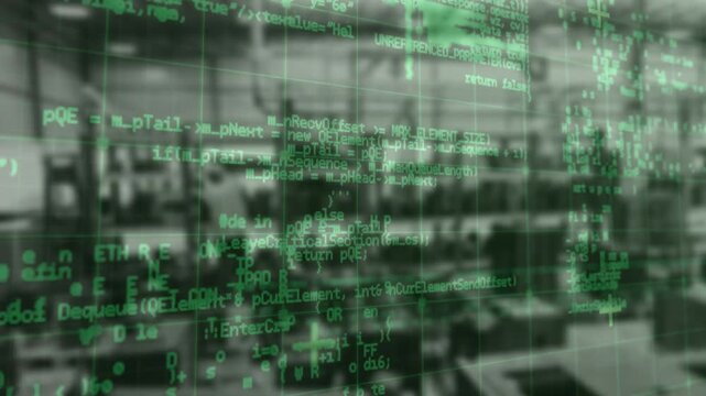System initializing green grid overlay revealing industrial warehouse racks with cascading code
