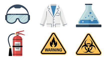 Science lab safety equipment and hazard warnings displayed, including goggles, coat, extinguisher