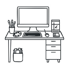 Minimalist desk setup with computer, art supplies, and stationery in modern workspace. Vector illustration
