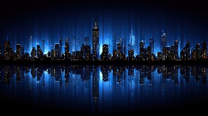 Obraz premium Night city skyline, vibrant blue light reflections