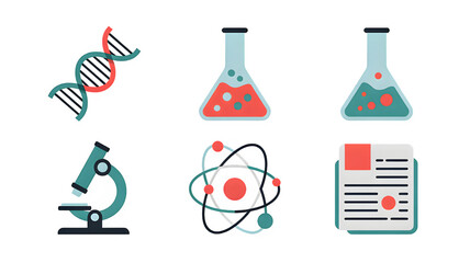 Collection of science icons featuring DNA, beakers, microscope, atom, and document
