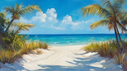 Fototapeta premium Tropical beach scene with palm trees, white sand, and turquoise ocean.