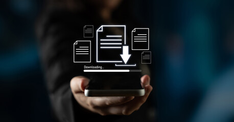 Visual representation of digital document downloading, showing file transfer, data access, and...