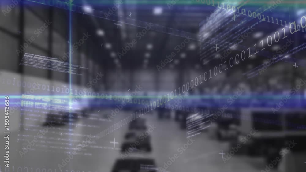Aufkleber upon scanning beam activating code and binary streams drifting across aisle to show data flow