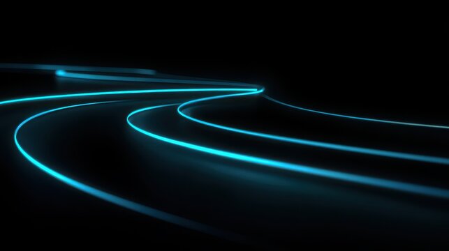Abstract curves of luminescent turquoise lines create a futuristic design on a dark surface, evoking technology and innovation.