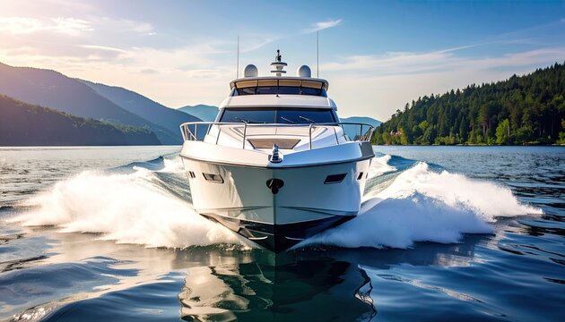 White Motorboat Cruising Across Lake Creating Foamy White Wake Under Sunny Sky - Powered by Adobe