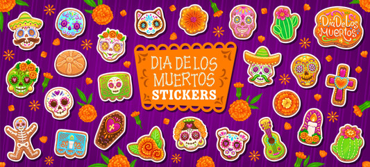 Dead Day biscuit cookie and cakes, Mexican Dia de los Muertos holiday food, vector stickers. Mexican Dead Day calavera skull cookie in sombrero and caramel mustaches, candy marigold flowers and guitar