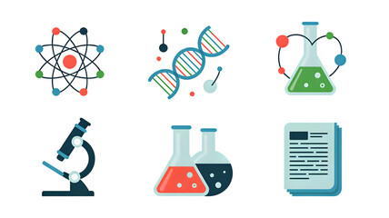 Scientific elements featuring an atom, DNA strand, flask, microscope, beakers, and a document