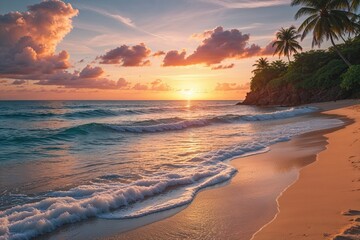 Serene Sunset View of a Tropical Cove with Warm Sandy Shoreline and Blissful Ocean Waves